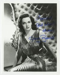 7s924 JANE RUSSELL signed 8x10 REPRO 1980s sexy seated portrait in shimmering dress!