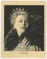 7s770 IRENE DUNNE signed 7x9 fan photo 1940s glamorous RKO studio portrait wearing fur & tiara!