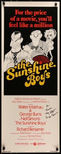 7s050 SUNSHINE BOYS signed insert 1975 by George Burns, Al Hirschfeld art with Matthau & Meredith!