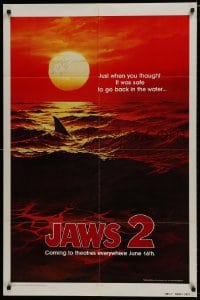 7s278 JAWS 2 signed dated teaser 1sh 1978 by Jeffrey Kramer, art of shark in red water at sunset!
