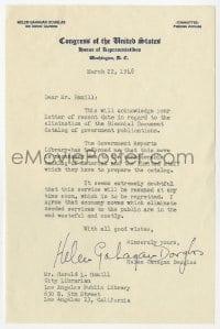 7s681 HELEN GAHAGAN signed letter 1948 apologizing to librarian for eliminating government database