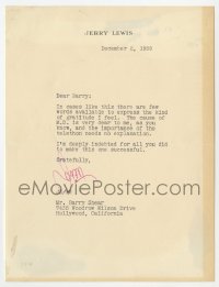 7s682 JERRY LEWIS signed letter 1959 thanks director Buddy Shear for muscular dystrophy fundraising