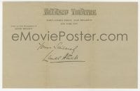 7s685 LIONEL ATWILL signed note 1920s he wrote Yours Sincerely on Belasco Theatre stationery!
