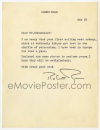 7s695 ROBERT RYAN signed letter 1960s apologizing for losing fan's photos & sending replacements!