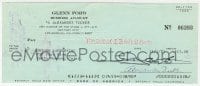 7s718 GLENN FORD signed 4x9 canceled check 1973 paying $13.28 to get his laundry done!