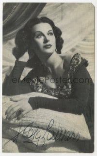 7s748 HEDY LAMARR signed 4x6 postcard 1948 telling that fans can buy her photos in two sizes!