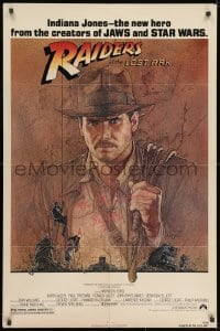 7s280 RAIDERS OF THE LOST ARK signed 1sh 1981 by John Rhys-Davies, Amsel art of Harrison Ford!