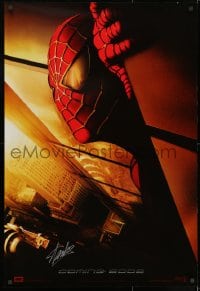 7s076 SPIDER-MAN signed DS 27x40 REPRO poster 2000s by Stan Lee, best image with Twin Towers in eye!