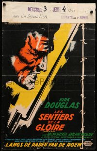 7t414 PATHS OF GLORY Belgian 1958 Stanley Kubrick classic, great artwork of Kirk Douglas in WWI!