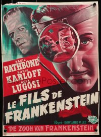 7t426 SON OF FRANKENSTEIN Belgian R1950s art of monster Boris Karloff, Bela Lugosi & Rathbone!