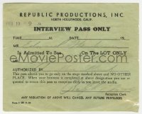 7w002 REPUBLIC PICTURES interview pass 1944 access to the stage of someone you will interview!