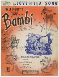 7w315 BAMBI sheet music 1942 Walt Disney cartoon deer classic, great artwork, Love is a Song!