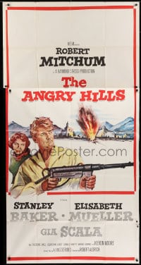 8b617 ANGRY HILLS 3sh 1959 Robert Aldrich, cool artwork of Robert Mitchum with big machine gun!