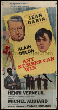 8b618 ANY NUMBER CAN WIN 3sh 1963 artwork of smoking Jean Gabin, Alain Delon & sexy showgirl!