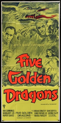 8b077 FIVE GOLDEN DRAGONS English 3sh 1967 cool montage art of Chris Lee, Kinski, Raft & Cummings!