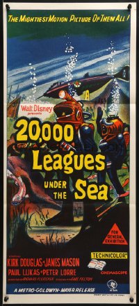 8c772 20,000 LEAGUES UNDER THE SEA Aust daybill R1960s Jules Verne classic, art of deep sea divers!
