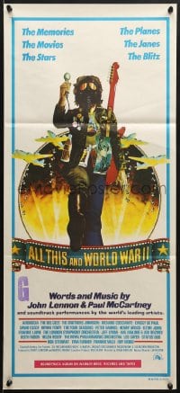 8c780 ALL THIS & WORLD WAR II Aust daybill 1977 Lennon & McCartney, hippie w/gas mask & bombers art