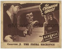 8d355 CRIMSON GHOST chapter 3 LC 1946 great c/u of spooky title character in car, Fatal Sacrifice!