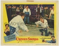 8d356 CROSSED SWORDS LC #4 1953 great image of hero Errol Flynn duelling with bamboo pole!