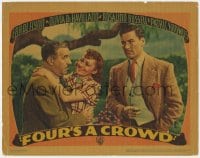8d470 FOUR'S A CROWD LC 1938 Errol Flynn glares at Walter Connolly hugging Olivia de Havilland!