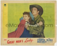 8d508 GREAT MAN'S LADY LC 1941 c/u of Joel McCrea in buckskin protecting scared Barbara Stanwyck!