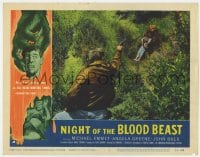 8d720 NIGHT OF THE BLOOD BEAST LC #7 1958 man pointing gun at monster dragging woman into woods!