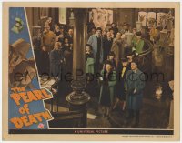 8d748 PEARL OF DEATH LC 1944 Basil Rathbone, Nigel Bruce, Dennis Hoey & cast looking up at stairway!