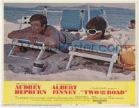 8d927 TWO FOR THE ROAD LC #6 1967 sexy Audrey Hepburn & Albert Finney laying on beach!