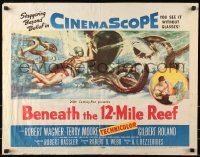 8g497 BENEATH THE 12-MILE REEF 1/2sh 1953 cool art of scuba divers fighting octopus & shark!