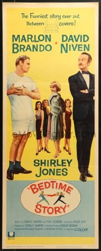 8g028 BEDTIME STORY insert 1964 great image of Marlon Brando, David Niven & Shirley Jones!