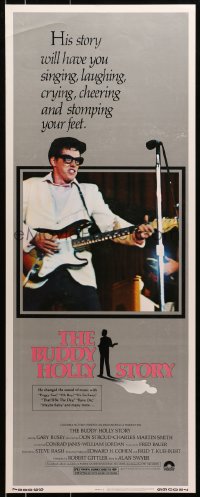 8g043 BUDDY HOLLY STORY insert 1978 great image of Gary Busey performing on stage with guitar!