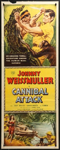 8g051 CANNIBAL ATTACK insert 1954 cool art of Johnny Weissmuller w/knife, fighting alligators!