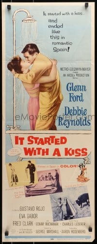 8g189 IT STARTED WITH A KISS insert 1959 Glenn Ford & Debbie Reynolds kissing in shower in Spain!