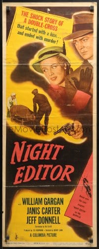 8g264 NIGHT EDITOR insert 1946 art of William Gargan with gun & super sexy Janis Carter!