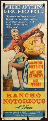 8g297 RANCHO NOTORIOUS insert 1952 Fritz Lang directed, art of sexy Marlene Dietrich showing leg!