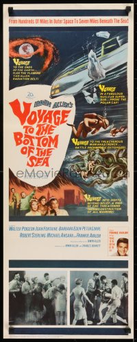 8g421 VOYAGE TO THE BOTTOM OF THE SEA insert 1961 Peter Lorre, sci-fi art of scuba divers & monster!