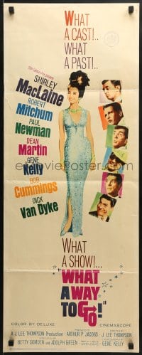 8g425 WHAT A WAY TO GO insert 1964 Paul Newman, Mitchum, Dean Martin, full-length Shirley MacLaine!