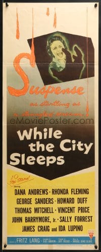 8g427 WHILE THE CITY SLEEPS insert 1956 great image of Lipstick Killer's victim, Fritz Lang noir!
