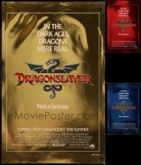 8h548 LOT OF 3 UNFOLDED 26x41 FOIL TEASER DRAGONSLAYER ONE-SHEETS 1981 gold, red, and blue!