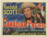 8j048 CANADIAN PACIFIC TC 1949 cowboy Randolph Scott, Jane Wyatt, Nancy Olson, cool train art!