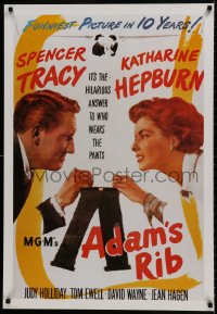 8k282 ADAM'S RIB 26x38 commercial poster 1980s Tracy & Hepburn fight over who wears the pants!