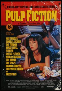 8k837 PULP FICTION 1sh 1994 Quentin Tarantino, close up of sexy Uma Thurman smoking in bed!