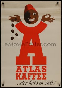8k147 ATLAS KAFFEE 23x33 German advertising poster 1950s art of a mascot dropping coffee beans!