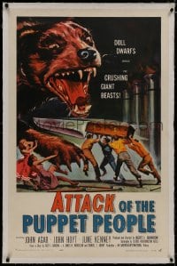 8m253 ATTACK OF THE PUPPET PEOPLE linen 1sh 1958 Brown art of tiny people with knife attacking dog!