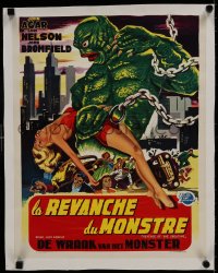 8m077 REVENGE OF THE CREATURE linen Belgian 1955 different art of chained monster holding sexy girl!