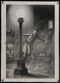 8m195 CHARLIE CHAPLIN linen 26x36 commercial poster 2000s art as The Tramp singin' in the rain!