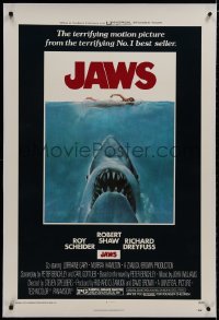 8m357 JAWS linen 1sh 1975 art of Steven Spielberg's classic man-eating shark attacking swimmer!