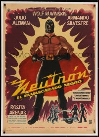 8m027 NEUTRON EL ENMASCARADO NEGRO linen Mexican poster 1962 lucha libre luchador masked hero!