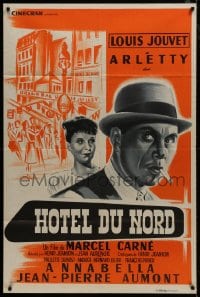 8p113 HOTEL DU NORD French 32x47 R1950s Marcel Carne classic, art of Arletty & Louis Jouvet, rare!