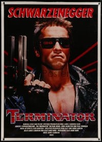 8p068 TERMINATOR linen German 33x47 1985 close up of classic cyborg Arnold Schwarzenegger with gun!